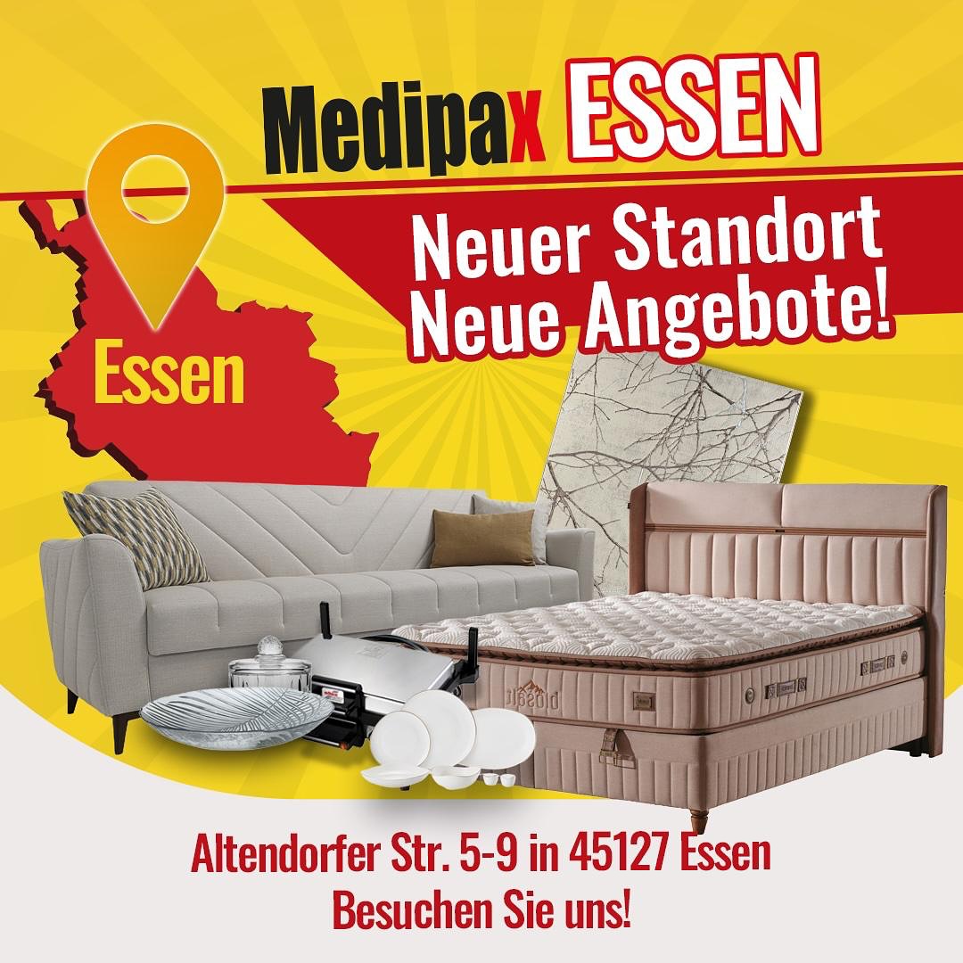 WICHTIGE MITTEILUNG Liebe Kundinnen und Kunden, wir haben großartige Neuigkeiten! 🎉 Unser Möbelgeschäft zieht bald um! 📍 Neue Adresse: MEDIPAX Altendorfer Straße 5-9 45127 Essen 📅 Umzugsdatum: Wird in Kürze bekannt gegeben