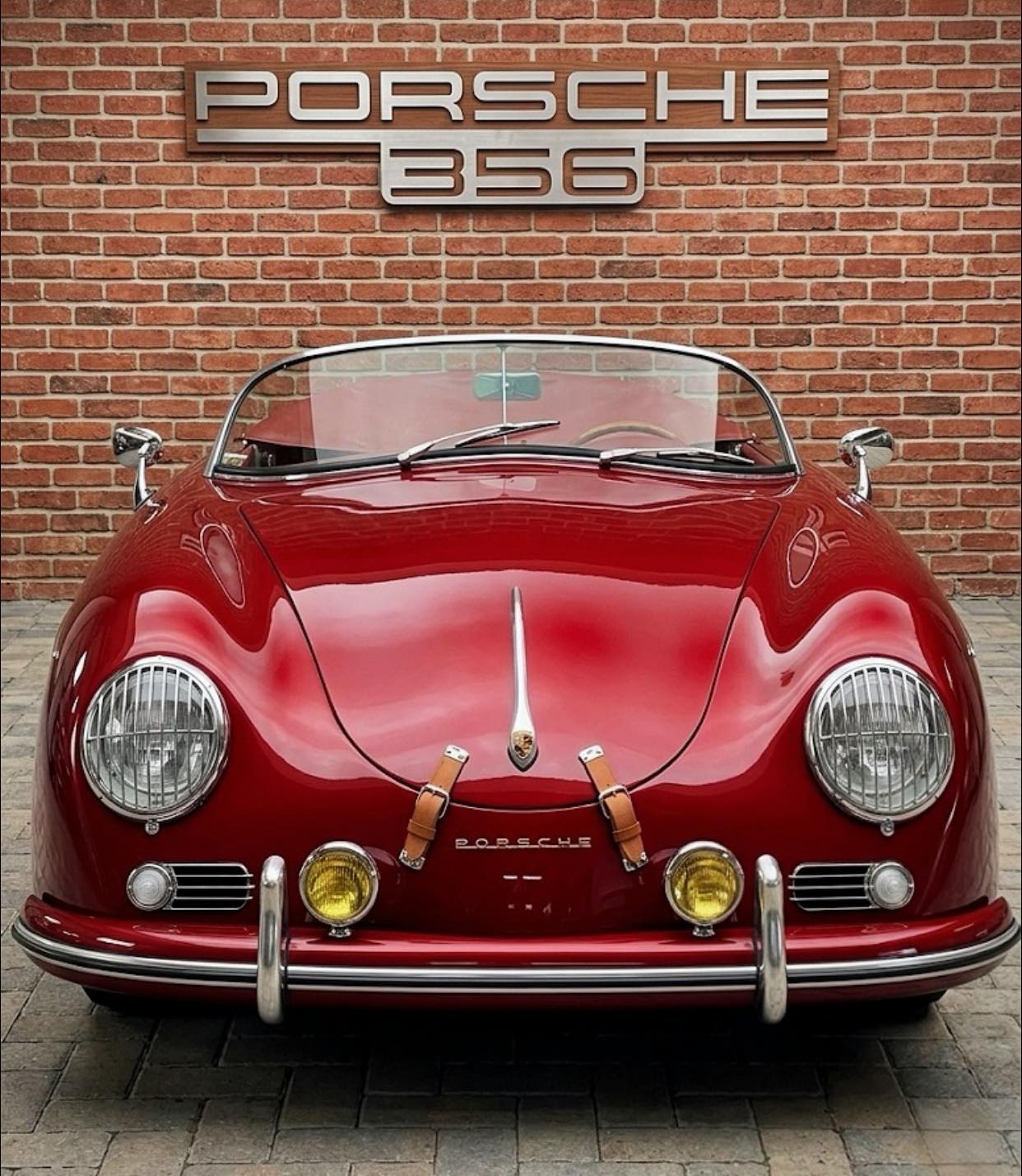 Vintage metallic red Porsche with yellow fog lights