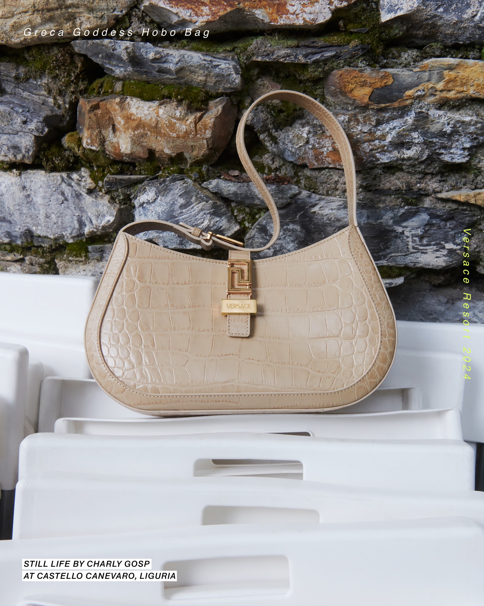 Croc-embossed leather Greca Goddess hobo bag for #VersaceResort24