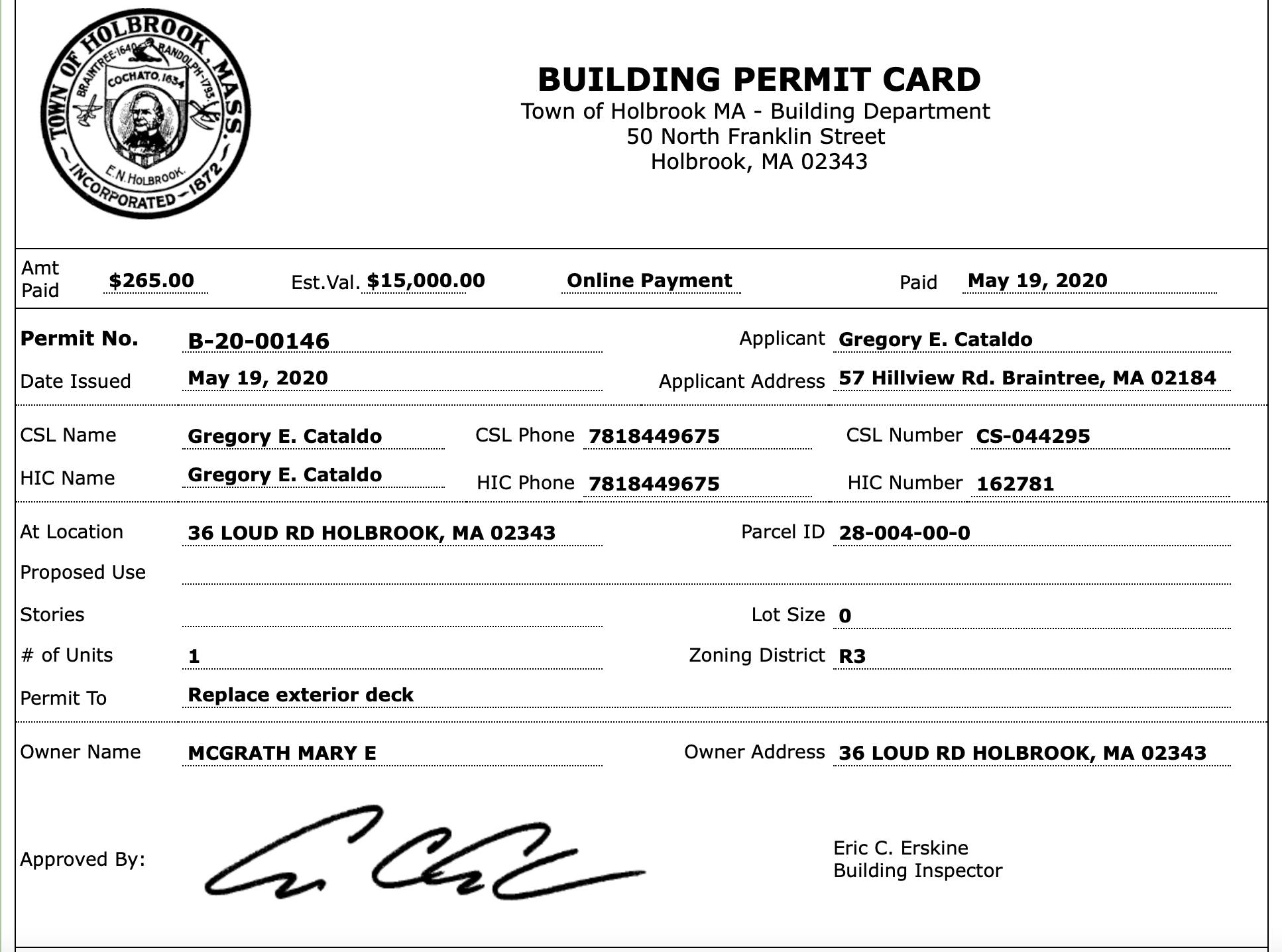 Open Town of Holbrook Building Permit dated May 10, 2020 signed by Eric ...