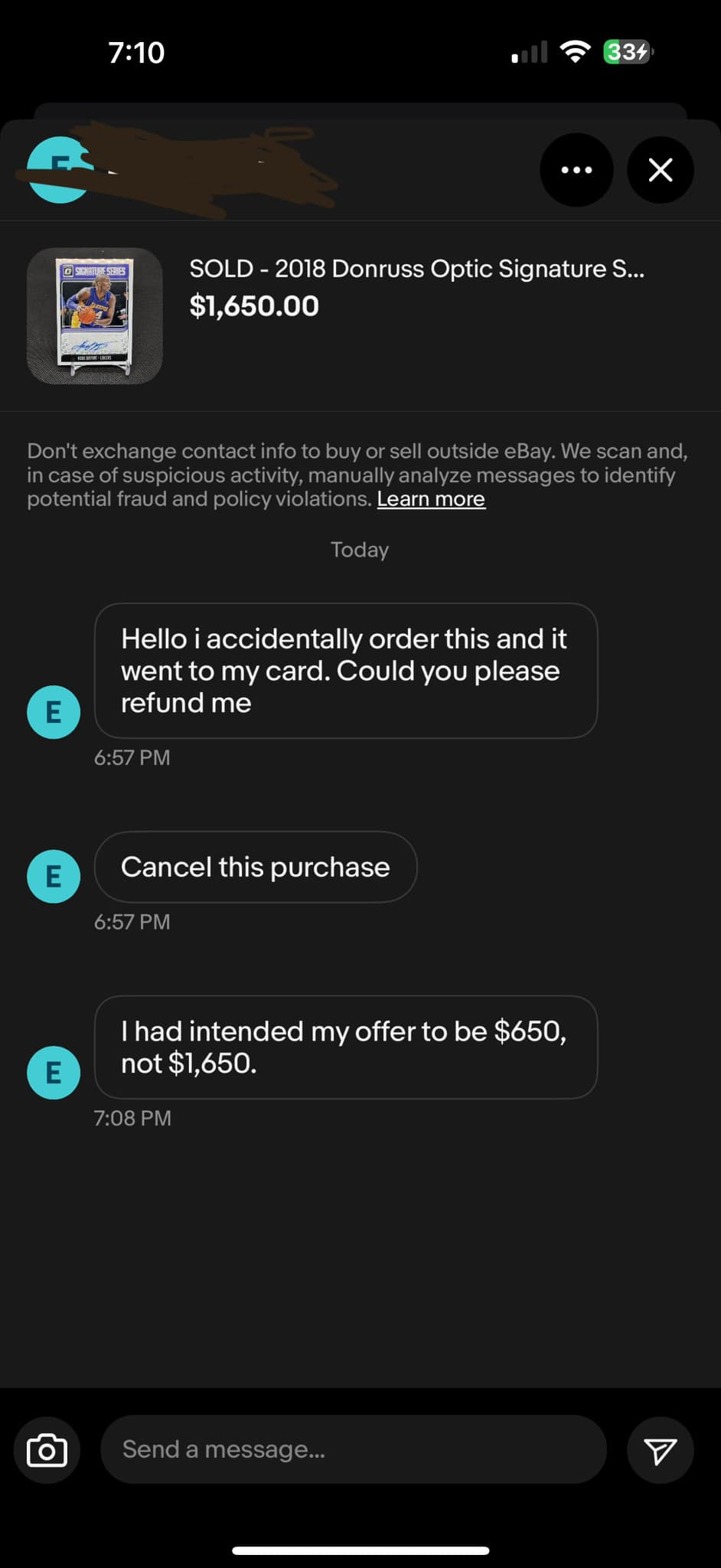 What to do when buyer claims mistake after paying for Kobe card?