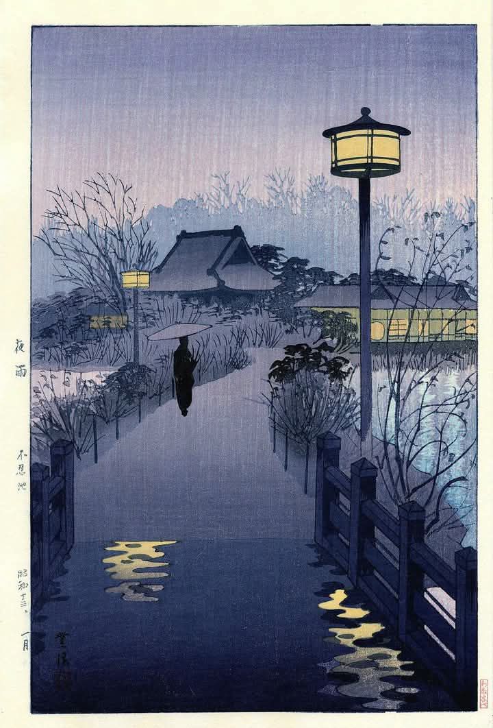 Kojiki Shrine, Hiraizumi. A rainy day #mokuhanga #woodcut