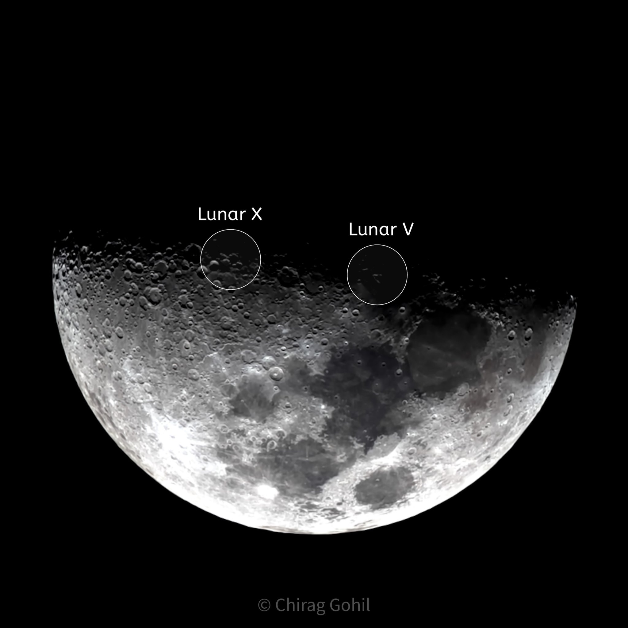 Crescent moon with Lunar V and X visible