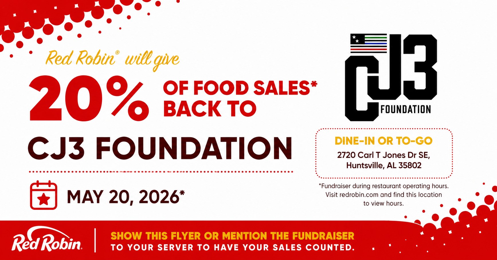 Red Robin Fundraiser Event For The CJ3 Foundation