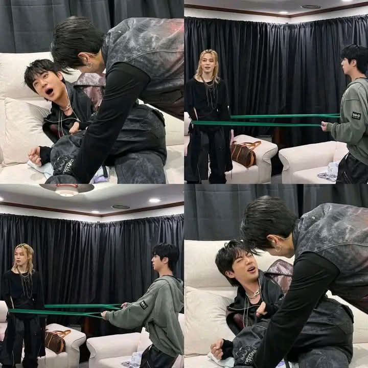 BTS members Jungkook, Jimin, and Jin backstage