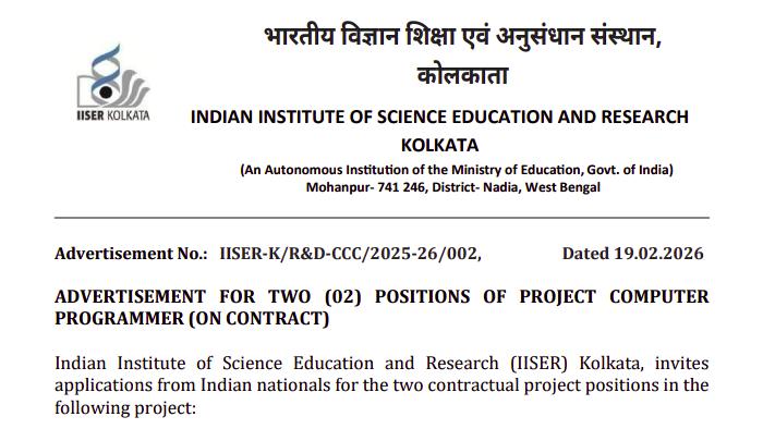Advertisement No.: IISER-K/R&D-CCC/2025-26/002, Dated 19.02.2026 ...