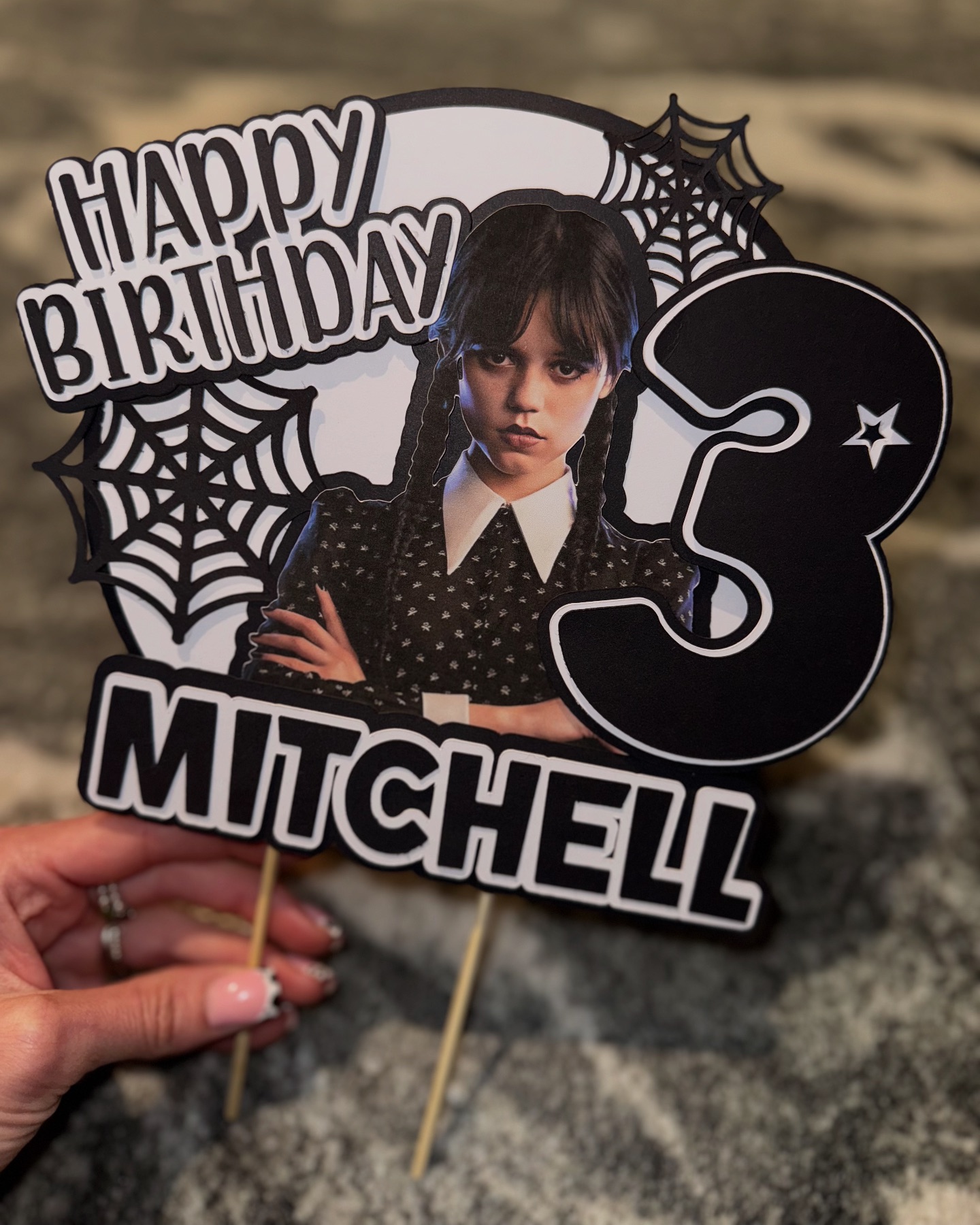 White - Happy birthday ‘Wednesday’ themed cake topper 🖤 Made with ...