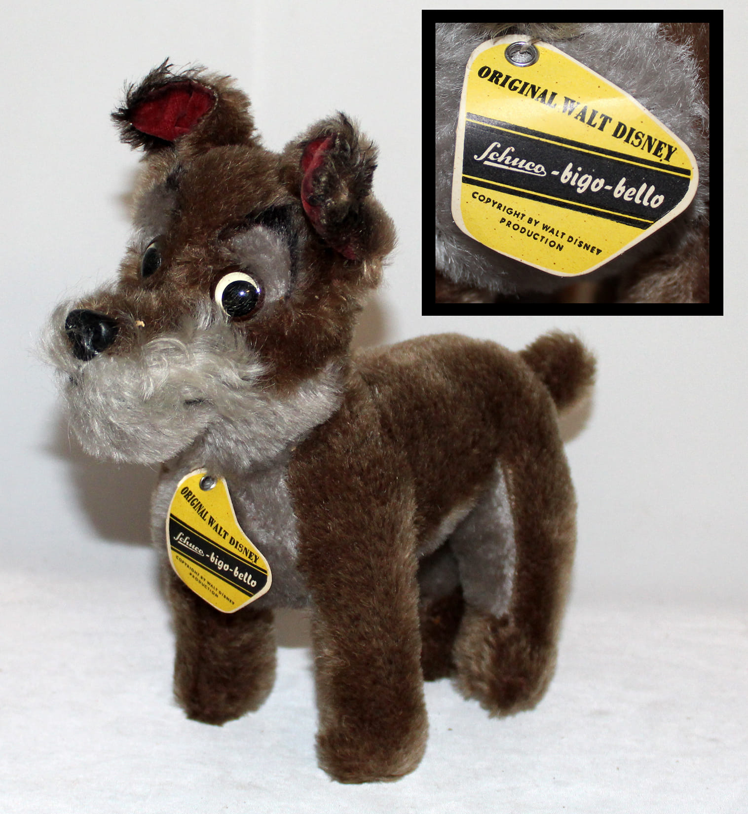 Vintage Schuco Bigo Bello Tramp stuffed toy with original tag