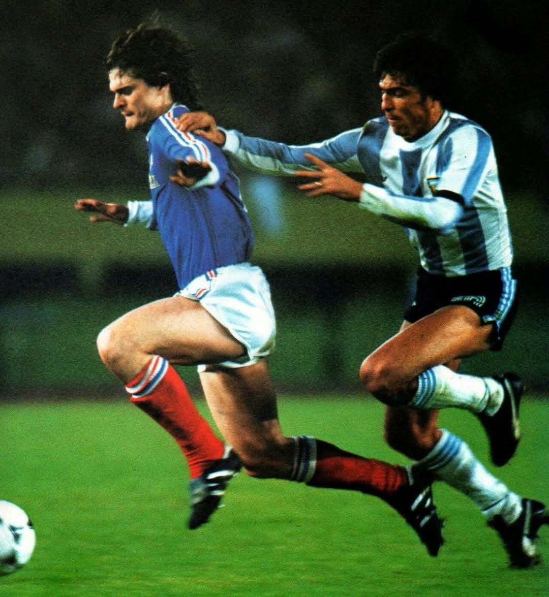Didier Six of Les Bleus and La Albiceleste's Daniel Passarella in
