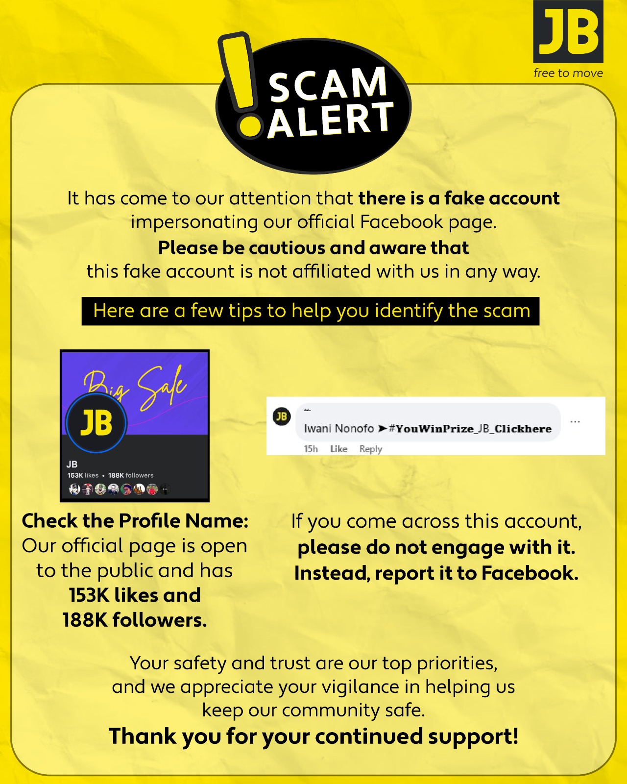 JB - 🚨🚨SCAM ALERT! 🚨🚨 Dear Valued Customers, we are aware of a FAKE ...