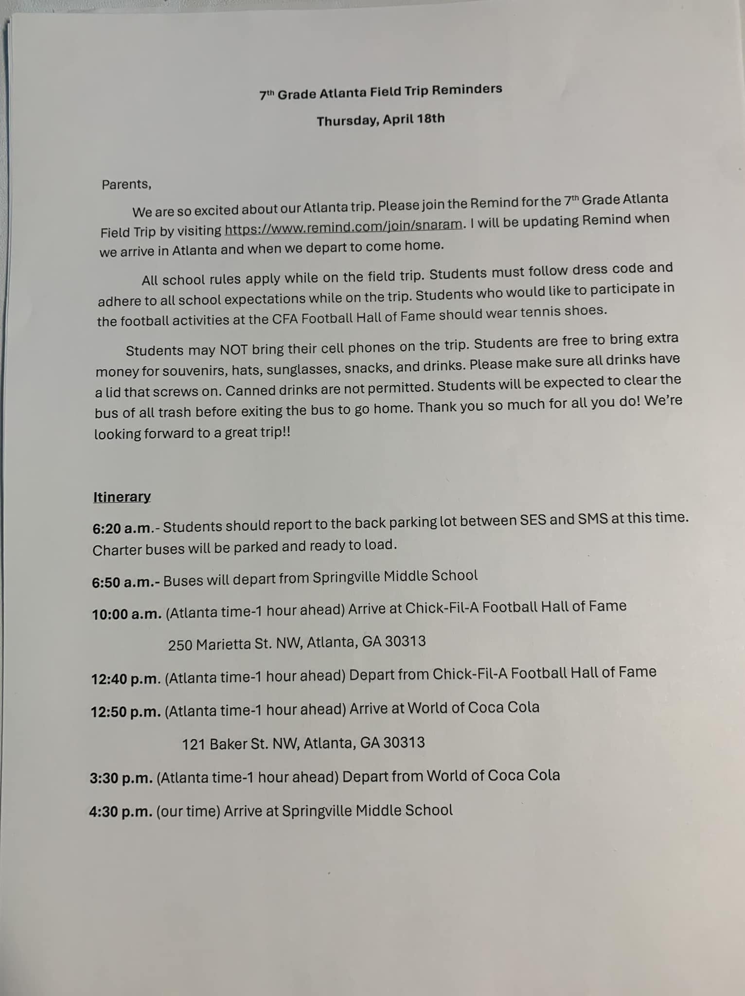 Springville - ‼️7th grade field trip information‼️ Parents please note ...