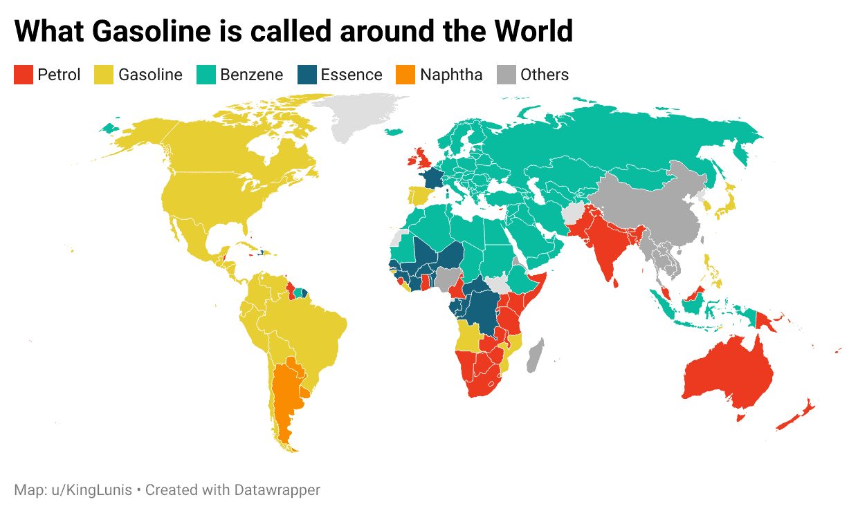 Gasoline vs Petrol: Map Showing The Name Around the World