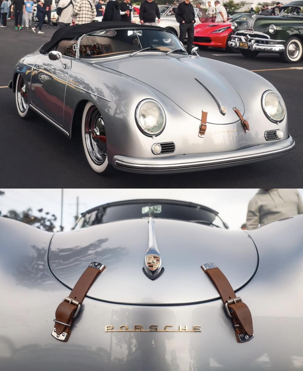 Vintage metallic red Porsche with yellow fog lights