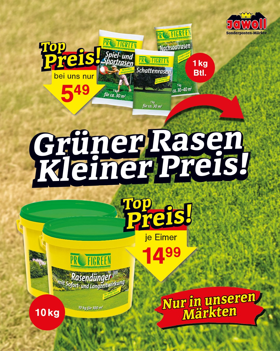 Die Rasen-Saison kann starten 🌱 Alles für einen gepflegten, dichten Rasen jetzt besonders preiswert in deinem Jawoll Markt. 👉 Hier den nächsten Markt in deiner Nähe finden: https://www.jawoll.de/marktfinder/?country=DE&distance=50&order=distance Nur