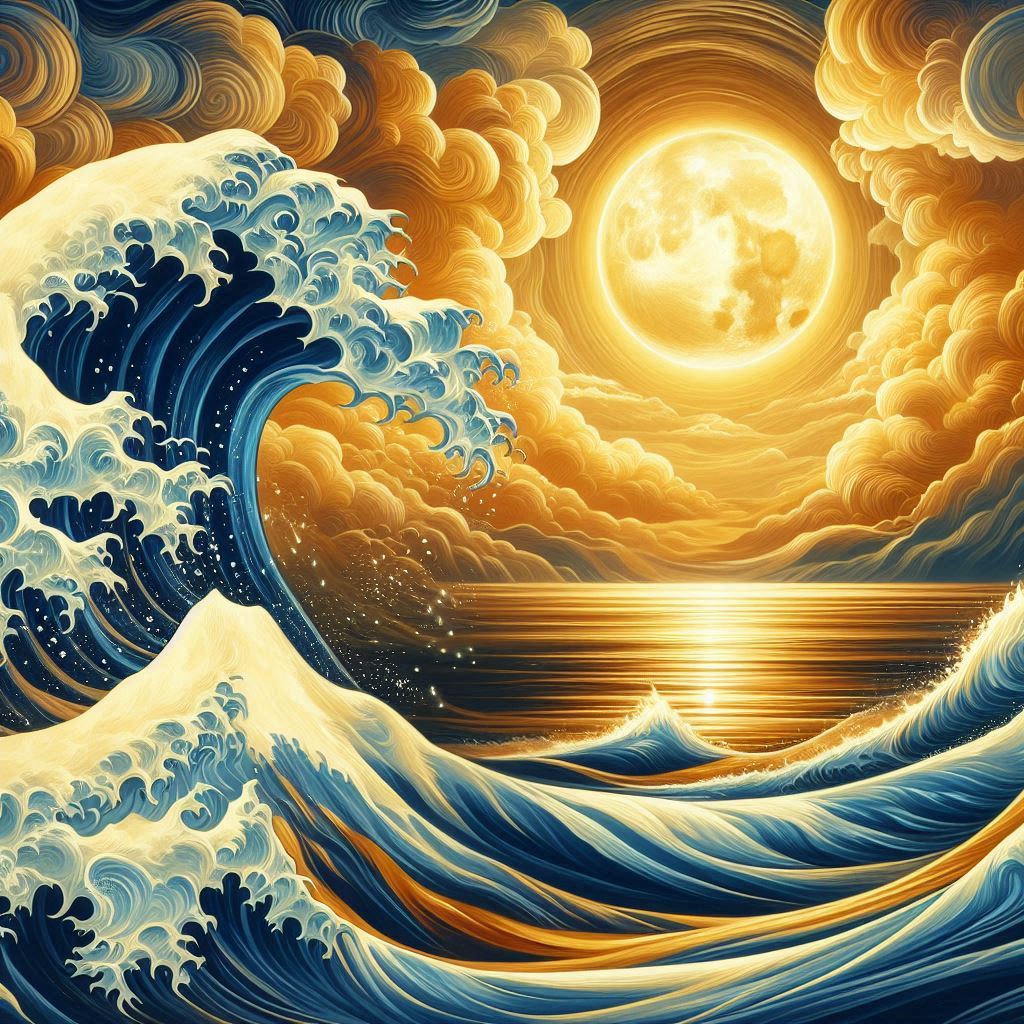 Bing Prompts | Stunning painting of dynamic waves, a radiant golden ...