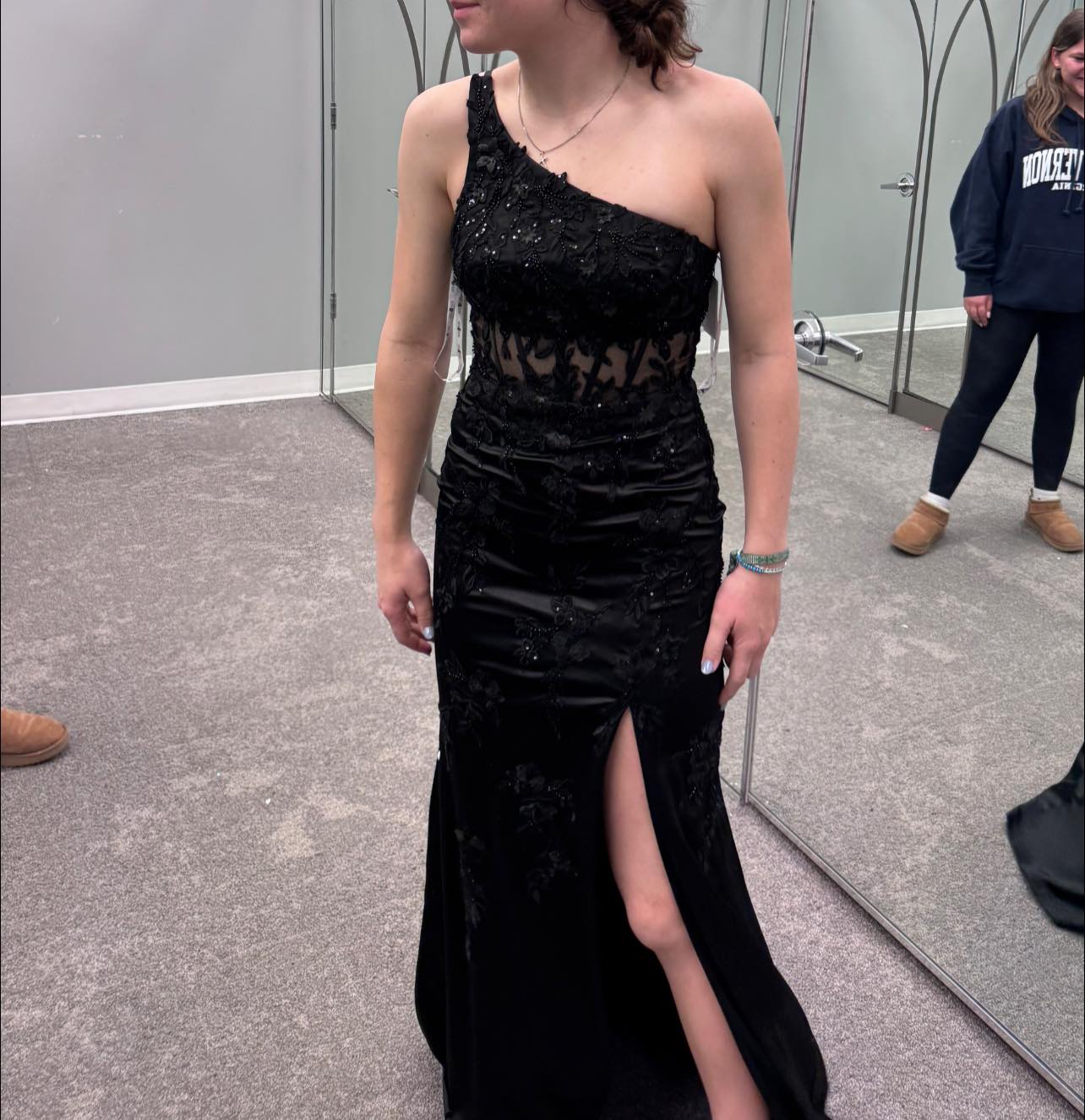 blue party dress Navy Blue Sequins One-Shoulder Prom Dresses With Slit, Evening Dress, MP941