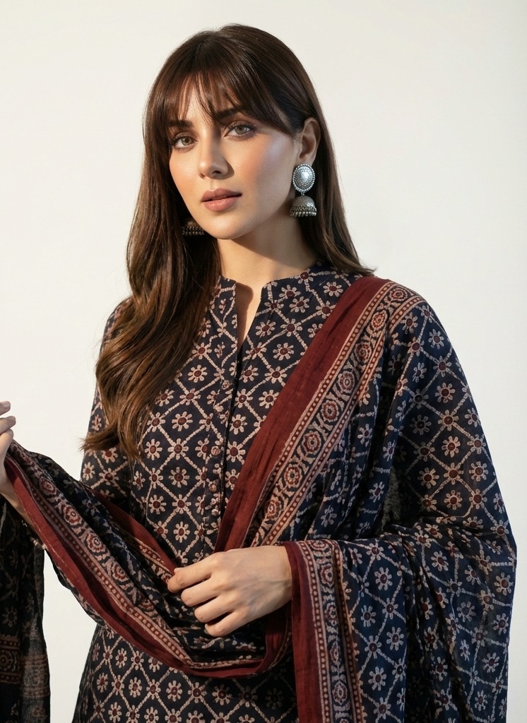 ajrak dupatta with black dress Organic Dye Hand Block Printed Floral Jaal Two-Piece – Cotton & Lawn (Shirt & Dupatta) Black Floral Jaal Ajrak Design in organic dye hand block print — elegant cotton and a printed dupatta