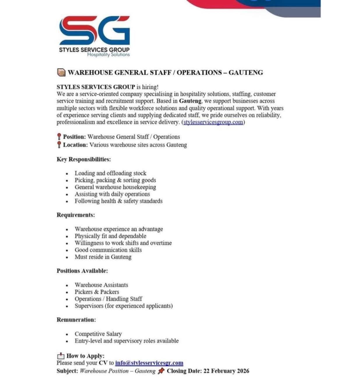 WAREHOUSE GENERAL STAFF – GAUTENG We... - Jobs with Psyford | Facebook