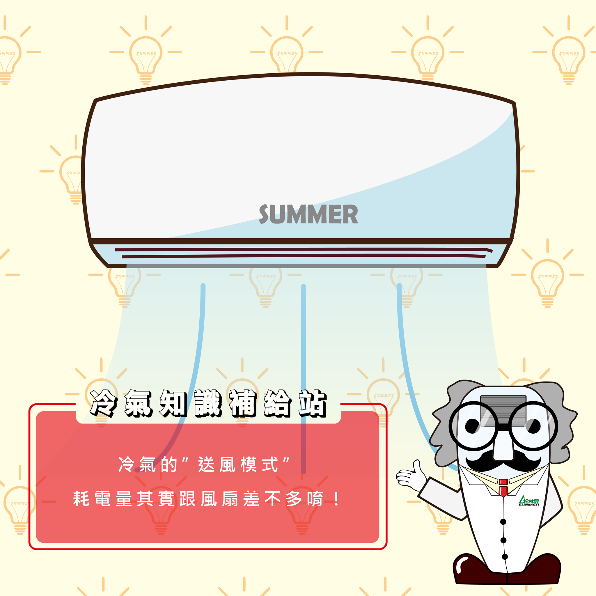 松林夏冷氣 松林夏知識王 冷氣機送風模式 大家都知道冷氣機除了一般的冷 暖氣 除濕模式以外 還有不常被使用的送風模式送風 模式其實就是電風扇的概念 以一般家中較常見的變頻分離式壁掛型冷氣來說送風模式是很省電的