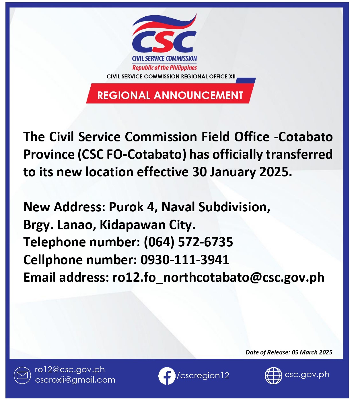 REGIONAL ANNOUNCEMENT The Civil Service Commission Field Office ...