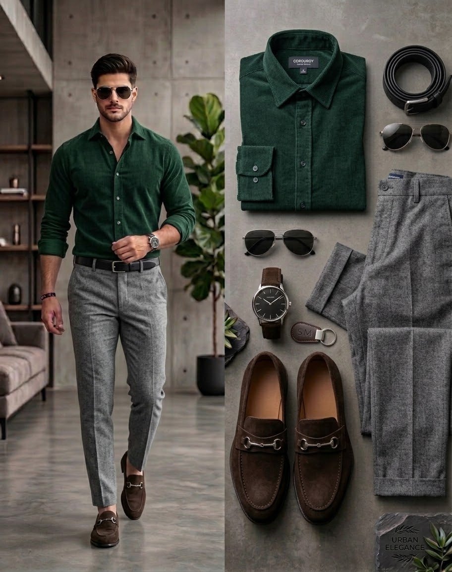 green dress shirt with grey pants Forest & tailored trousers — modern smart style refined elegance 🌲🩶👞✨ combination dark green shirt grey pants