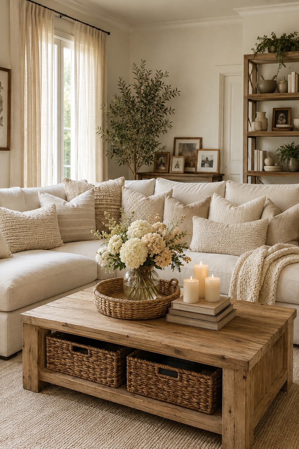 What colors and textures complement a large beige sofa?
