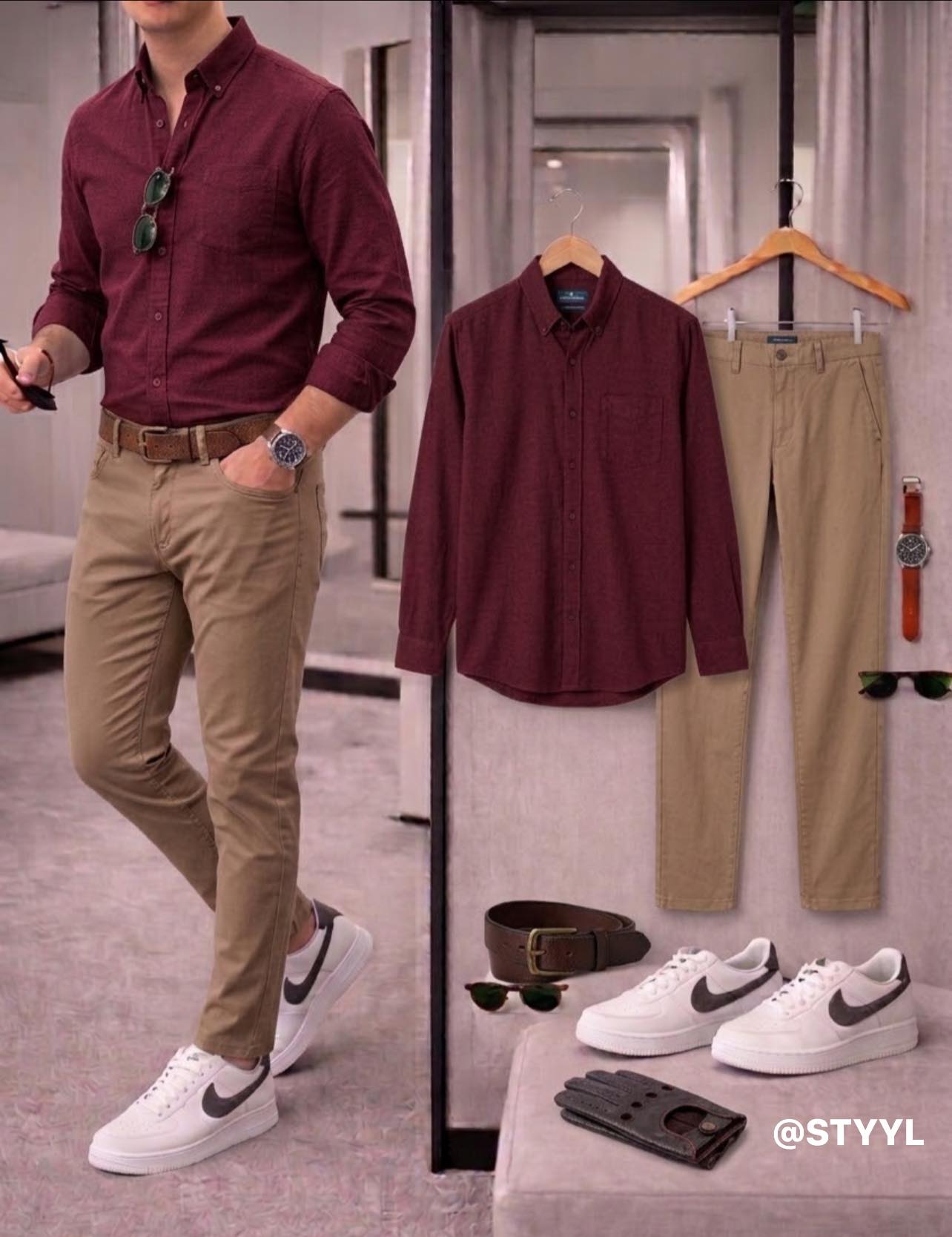 burgundy dress shirt with khaki pants shirt, chinos, crisp white kicks — effortless everyday style. 👟👌✨ wearing this shirt you Low V Neckline A-line Select Pants Waist Size:32 Jonjay Burgundy jacket