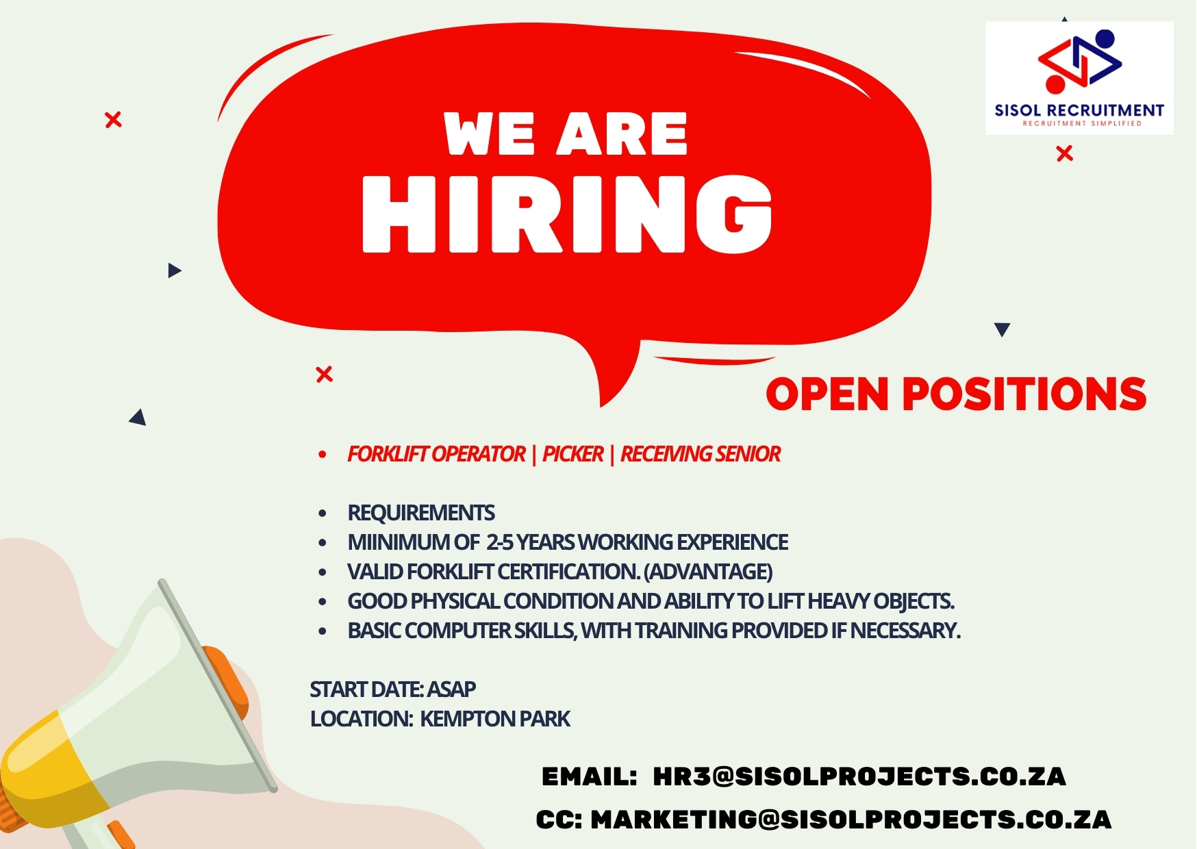SISOL - We are Hiring Forklift Operator, Picker Senior receiving agent ...