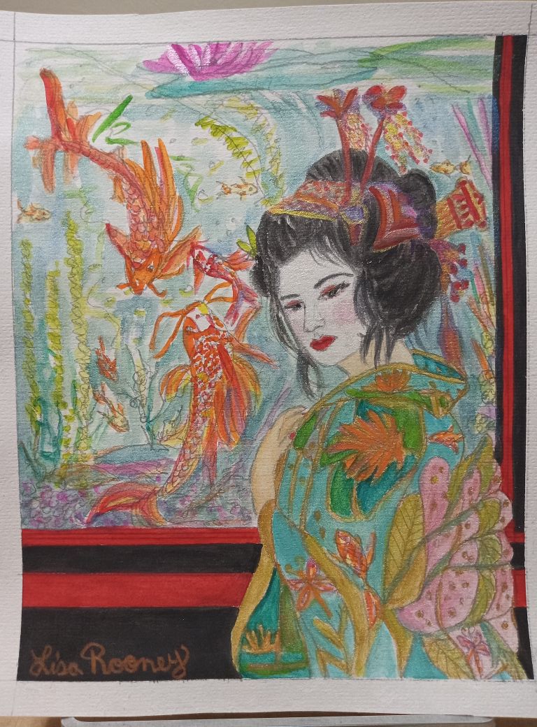 Japanese watercolor painting of the sea