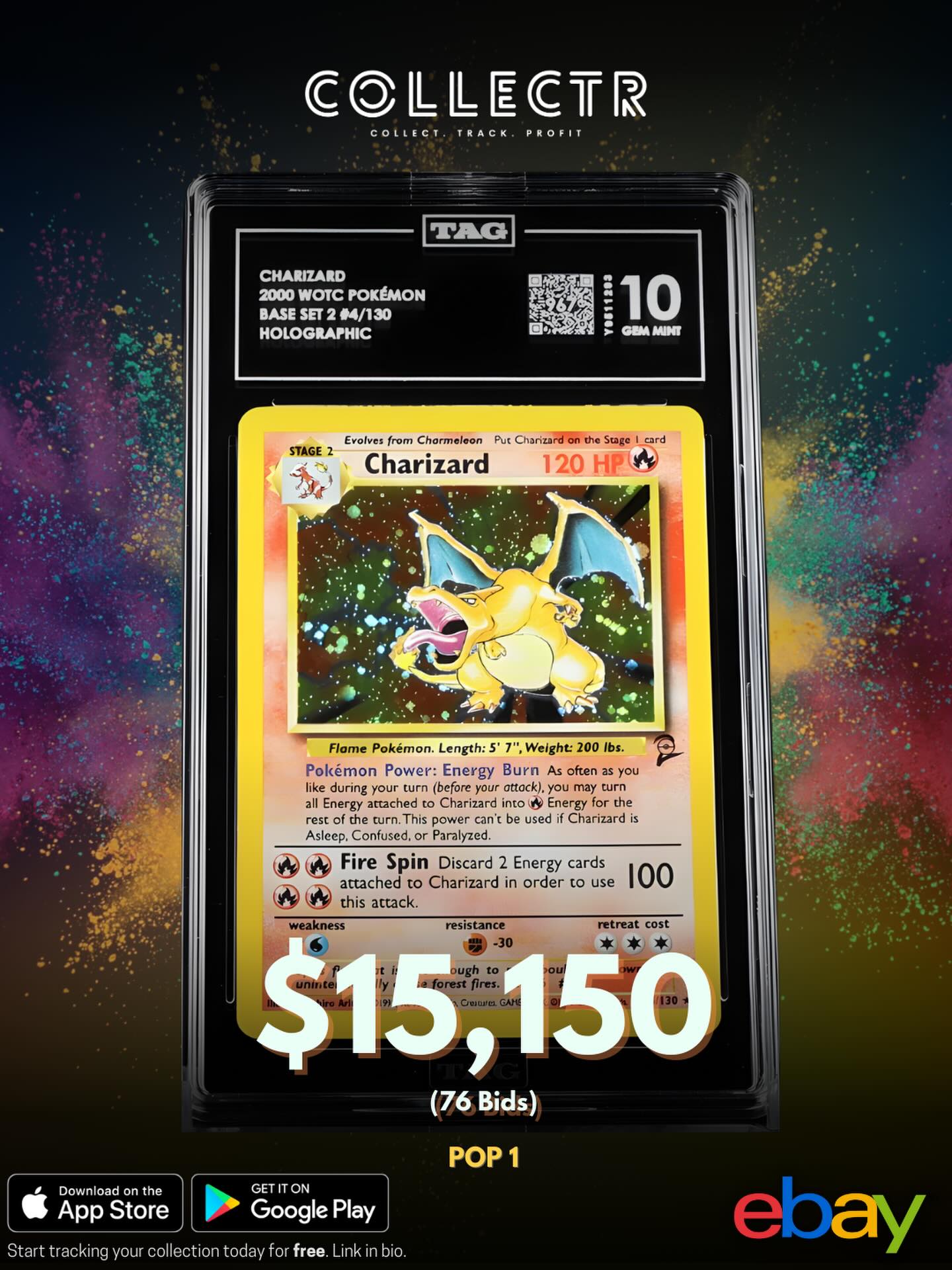 A TAG 10 1st Edition Shadowless Charizard (score 970) just sold in