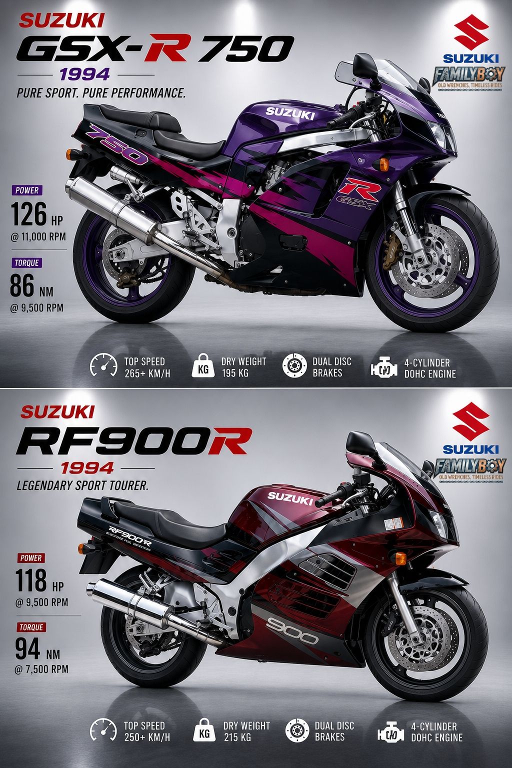 Launched in 1994, the Kawasaki ZX-9R and Suzuki RF900R were built