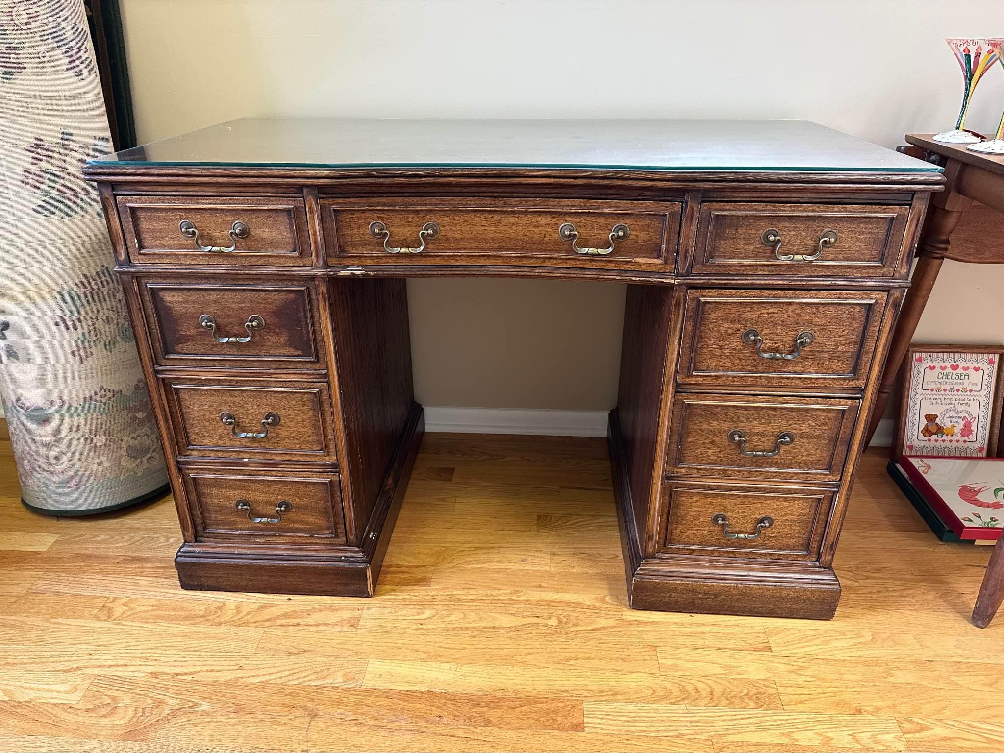 antique wooden desk with glass top. Furniture Clifton Park, New