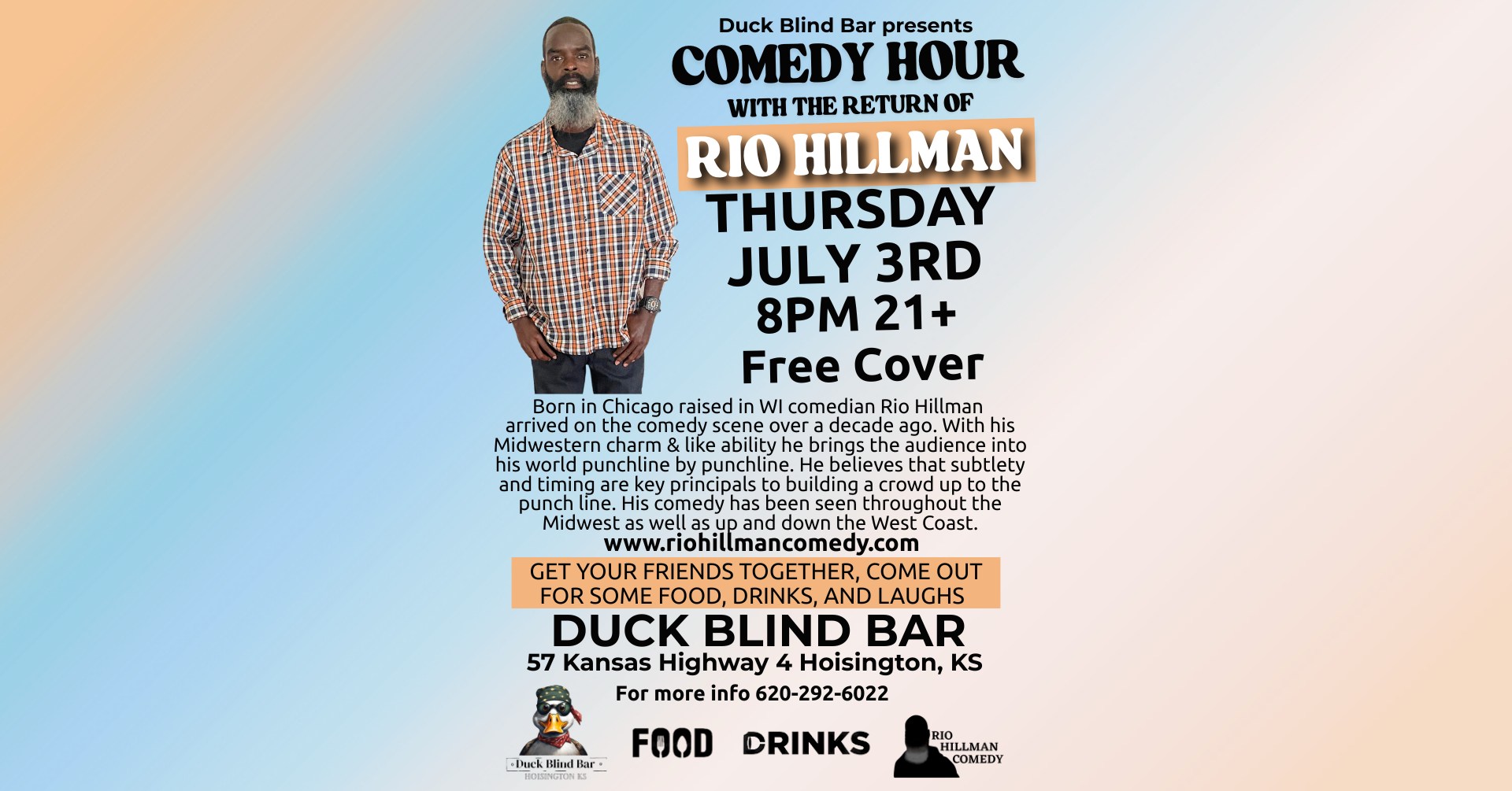 Rio Hillman Comedy Returns to the Duck Blind Bar
