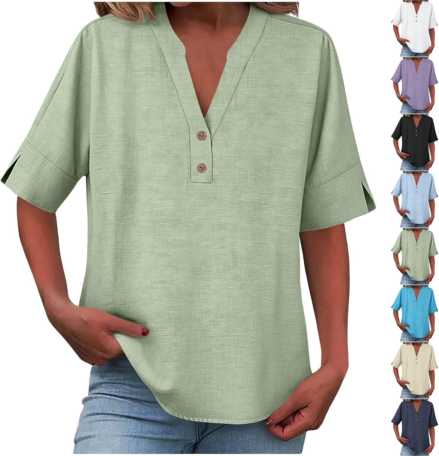 Chemise Lin Femme Col V Manches Longues - Chemisier Coton Respirant Décontracté Chic Été