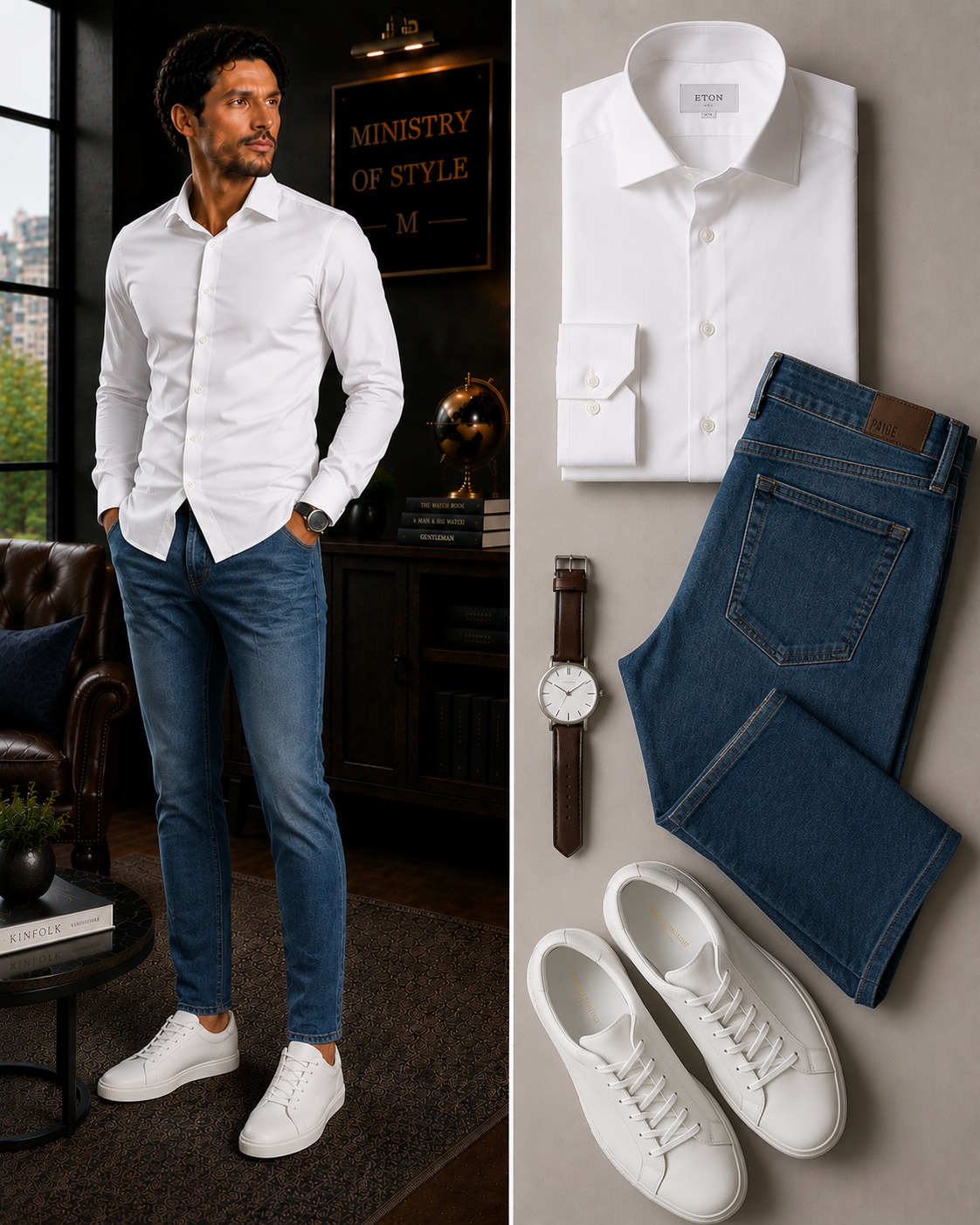White shirt, denim and clean white sneakers is the ultimate modern smart casual combo 🤍👖