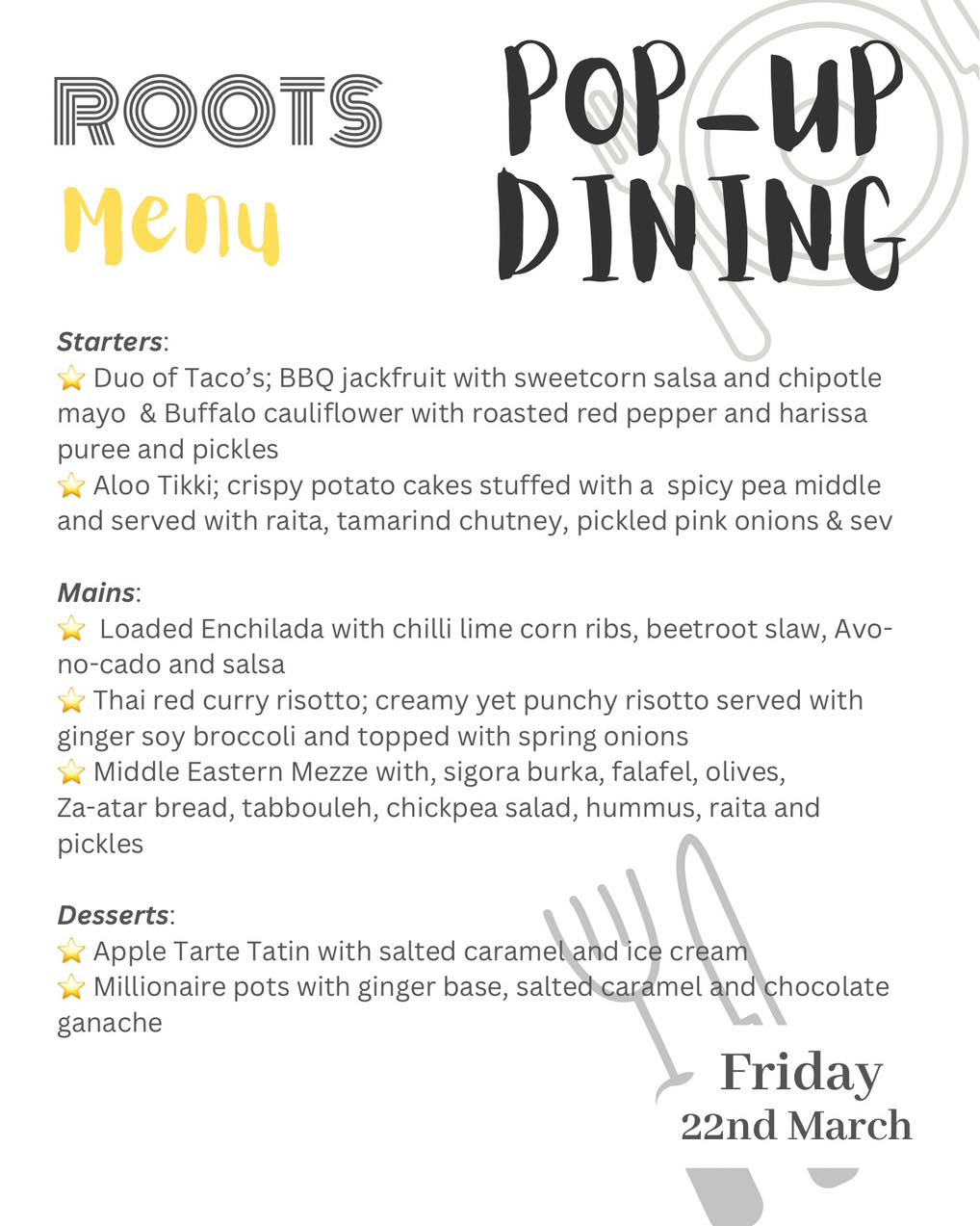 Roots, Devon - 🌟🌟 22nd March Roots Pop-up Menu🌟🌟 As... | Facebook