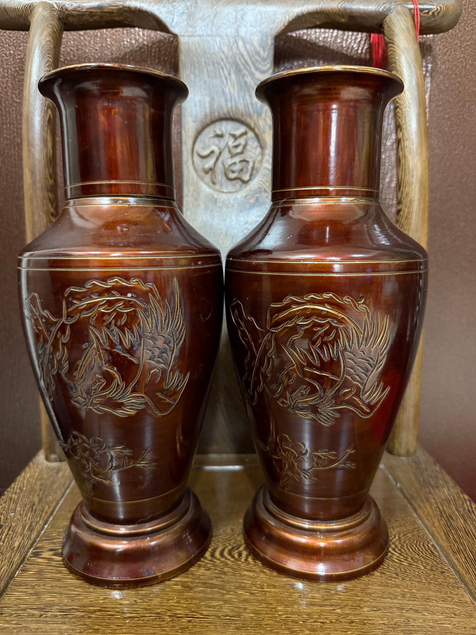 凤凰牡丹花瓶 很美的70-80年代29Cm 大宝瓶凤凰牡丹花锡罐一对#完整的一对罐#