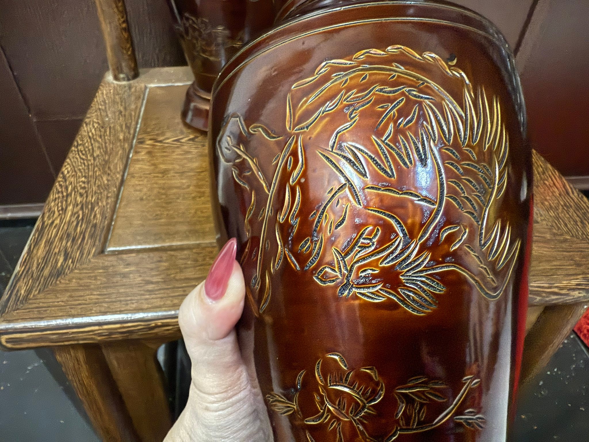 很美的70-80年代29Cm 大宝瓶凤凰牡丹花锡罐一对#完整的一对罐#