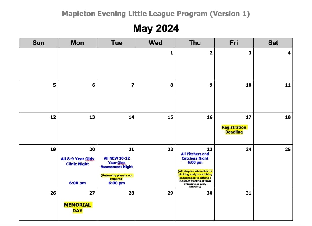 Here is the schedule for... - Mapleton Recreation Department