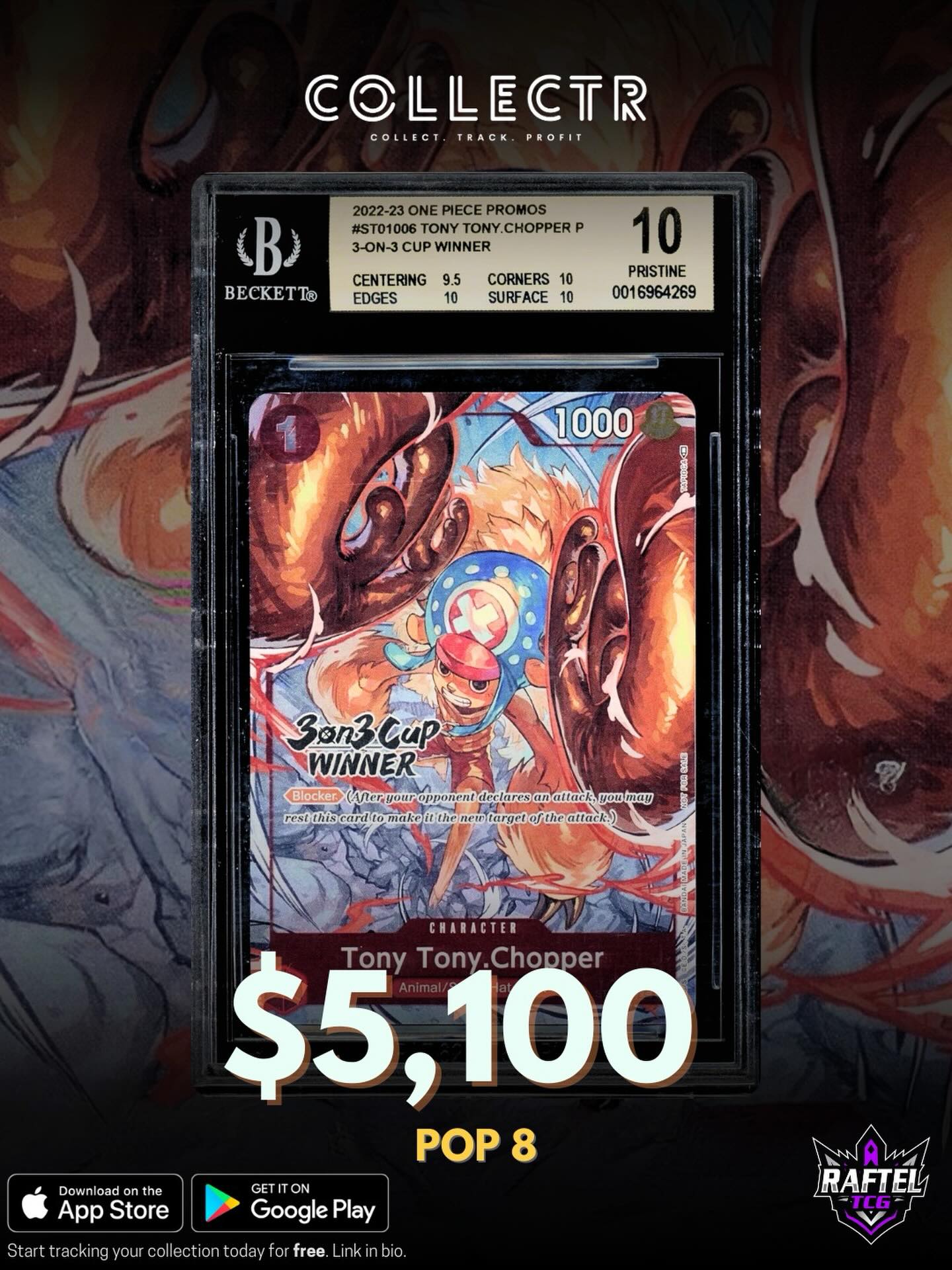 A BGS 10 Tony Tony Chopper 3 on 3 Cup Winner promo from the 2022 