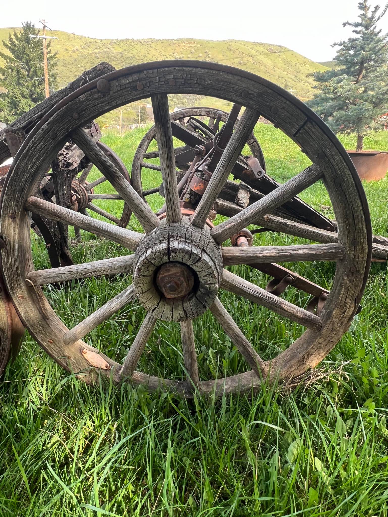 antique mid-to-late 1800s wooden wagon wheels and the accompanying axle ...