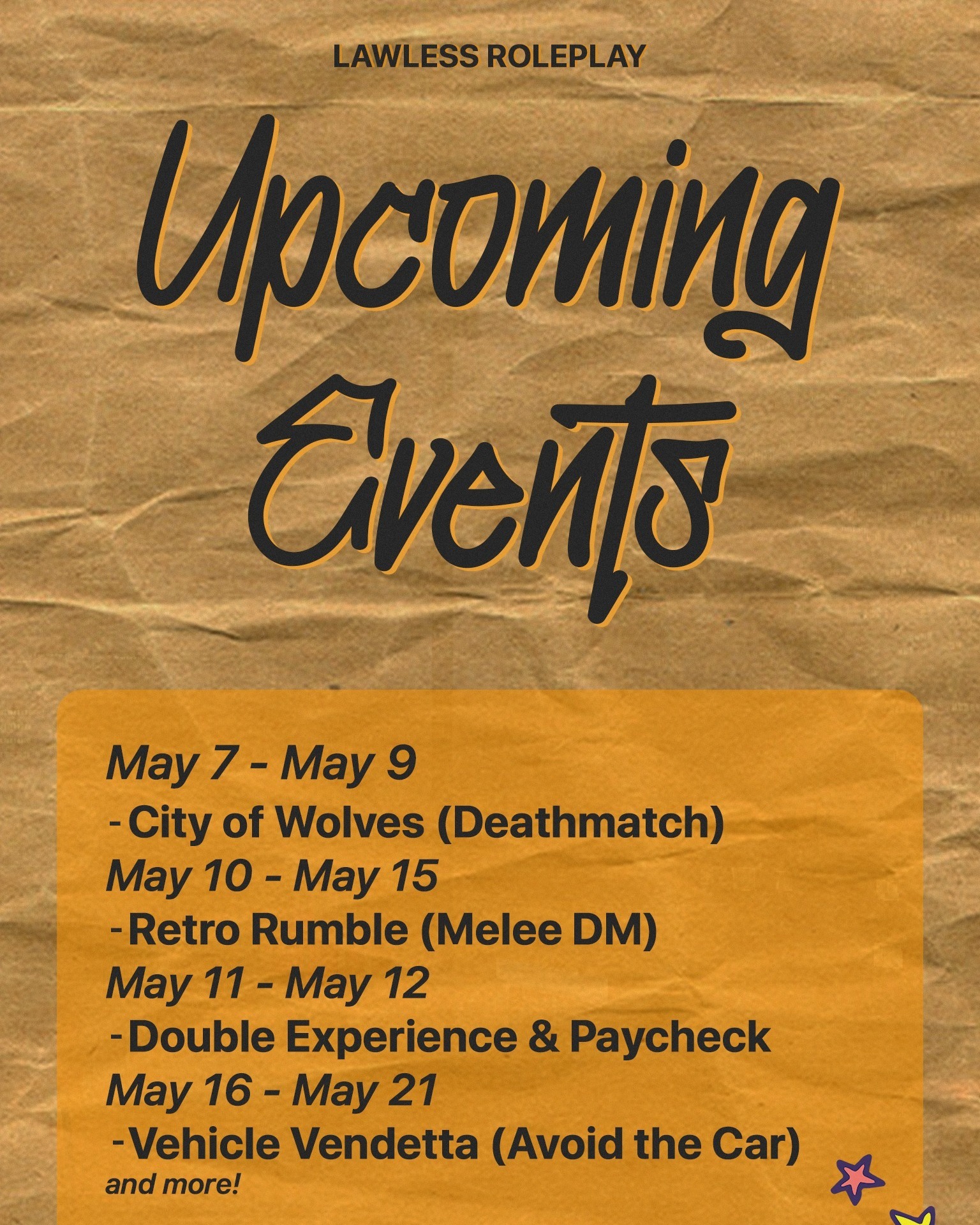 Lawless - Here is the list of upcoming events for Lawless Roleplay's ...
