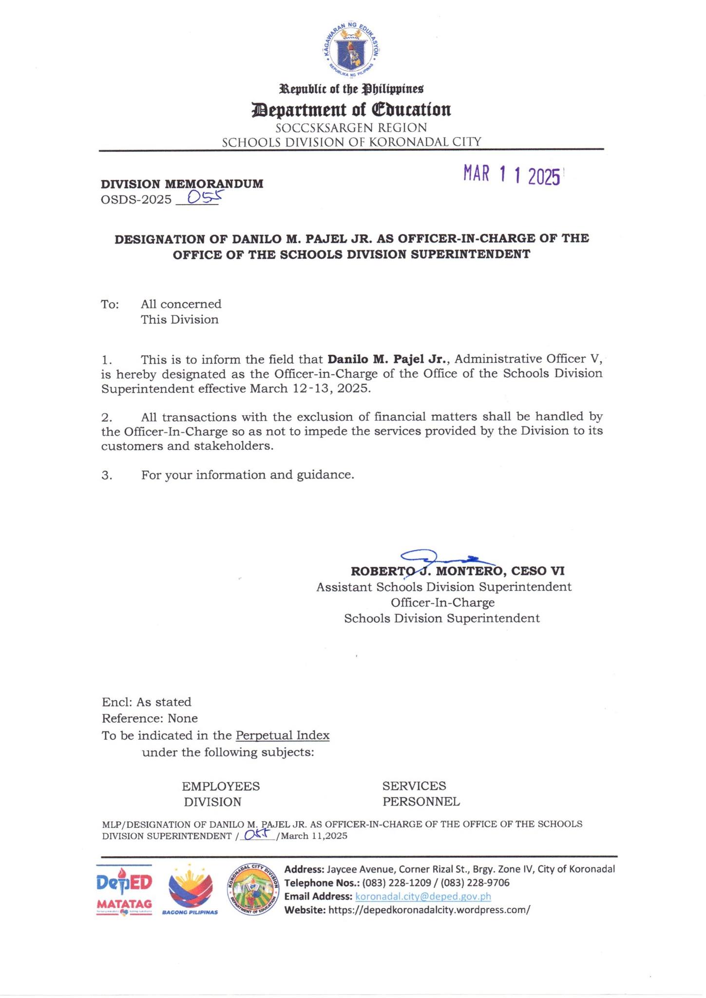 DepEd - DM OSDS-2025-055 - DESIGNATION OF DANILO M. PAJEL JR. AS ...