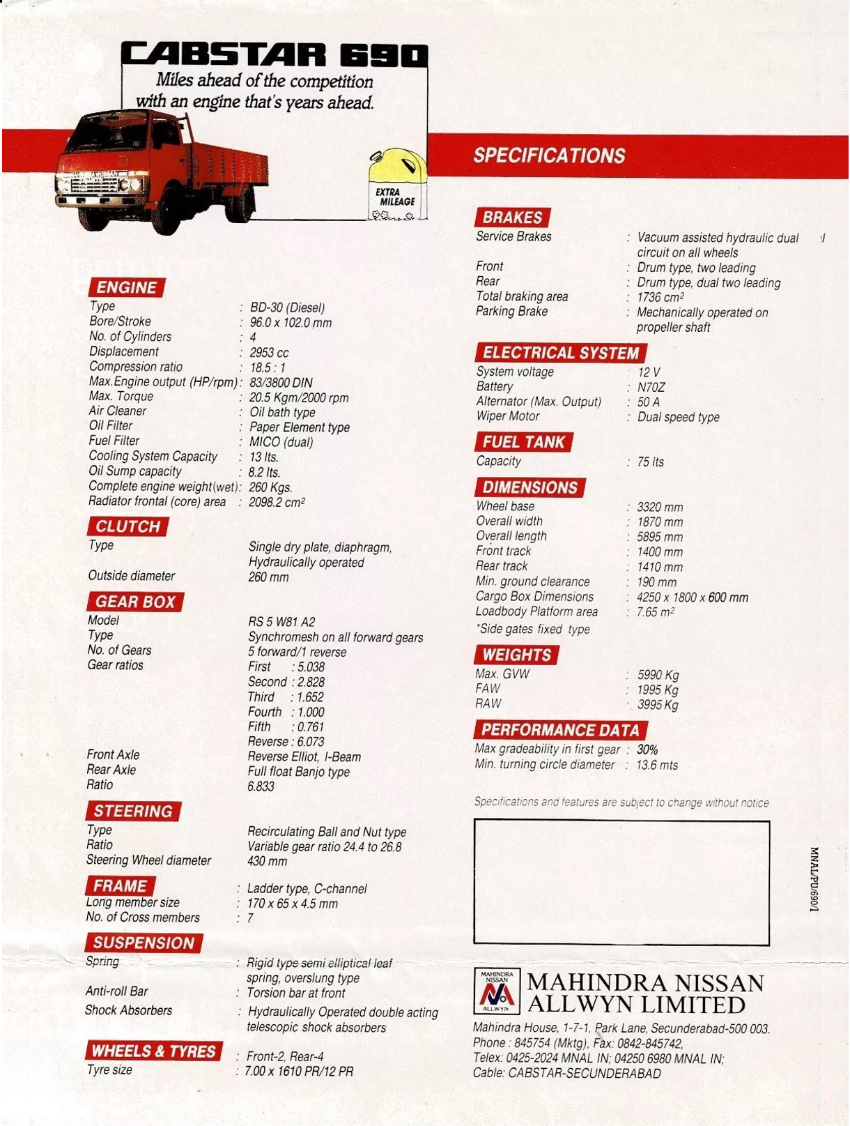 single sheet leaflet - Mahindra Nissan Allwyn Cabstar 690 Truck