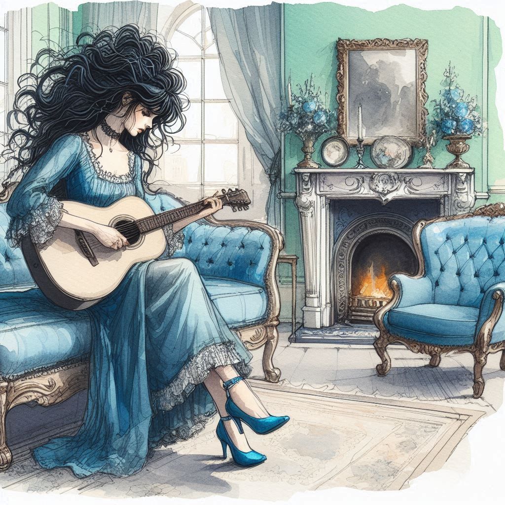 lady in a blue dress acoustic Victorian era plays guitar beautiful room Taylor swift