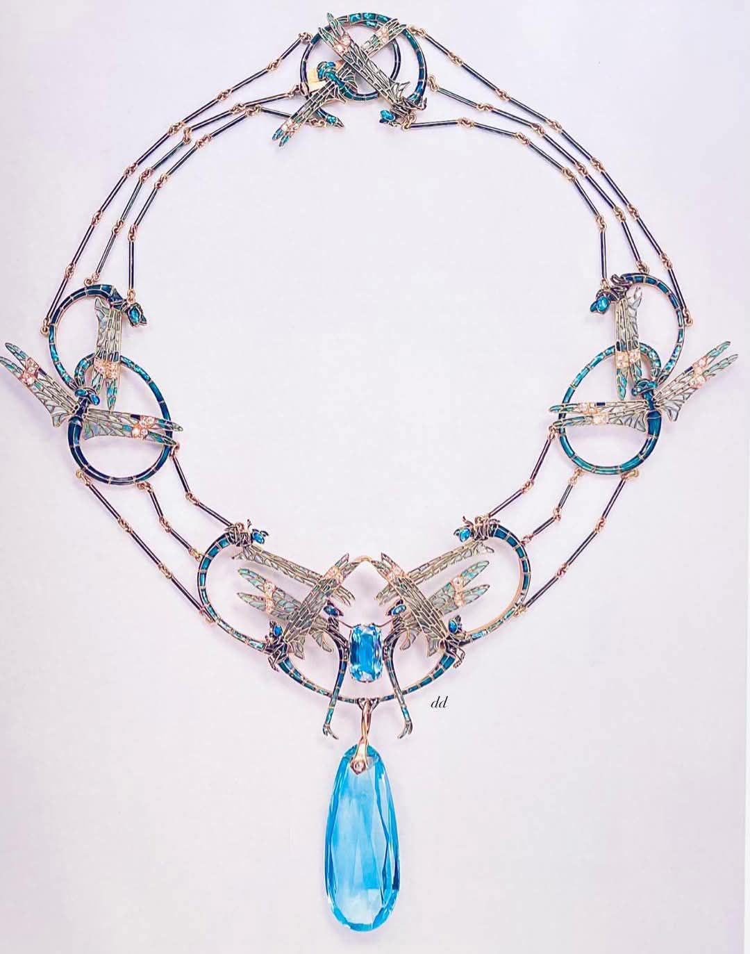 Rene Lalique Art Nouveau dragonfly necklace with aquamarine and