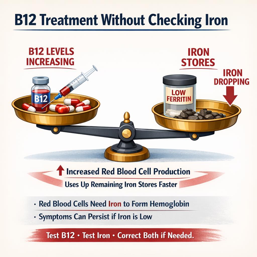Why iron deficiency can persist despite b12 treatment