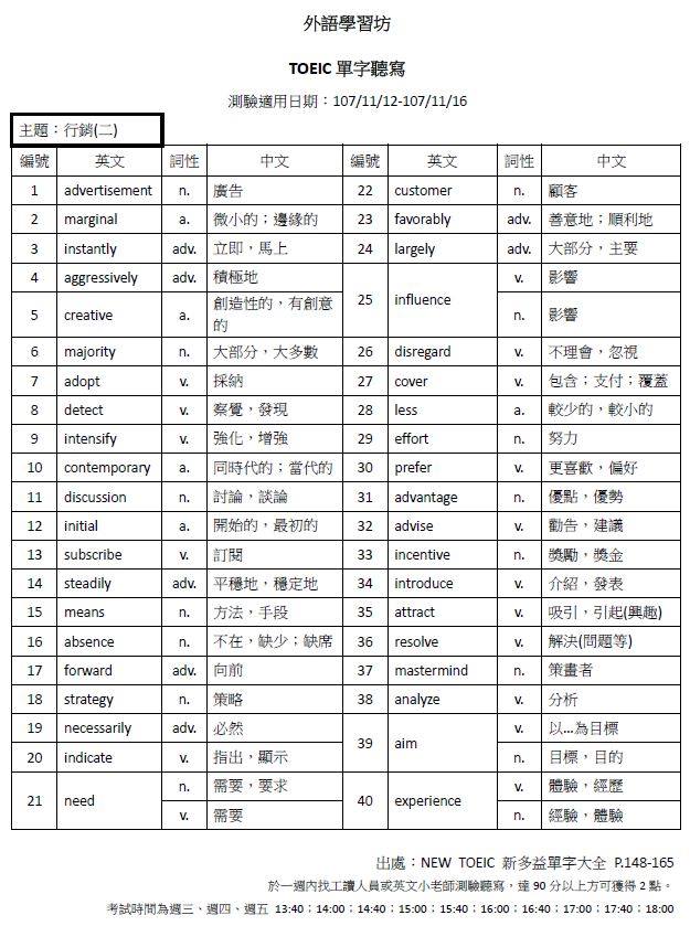 Taiwan Tech 台科大語言中心ntust Language Center 多益單字聽寫 第八週單字表 107 11 12 107 11 16 多益單字表每週學習40個新單字 督促自我學習 一起增加單字量吧 每週外語學習坊將提供40個多益單字表 於週三 四 五下午13 40 18 00至外語學習坊 國際大樓ib