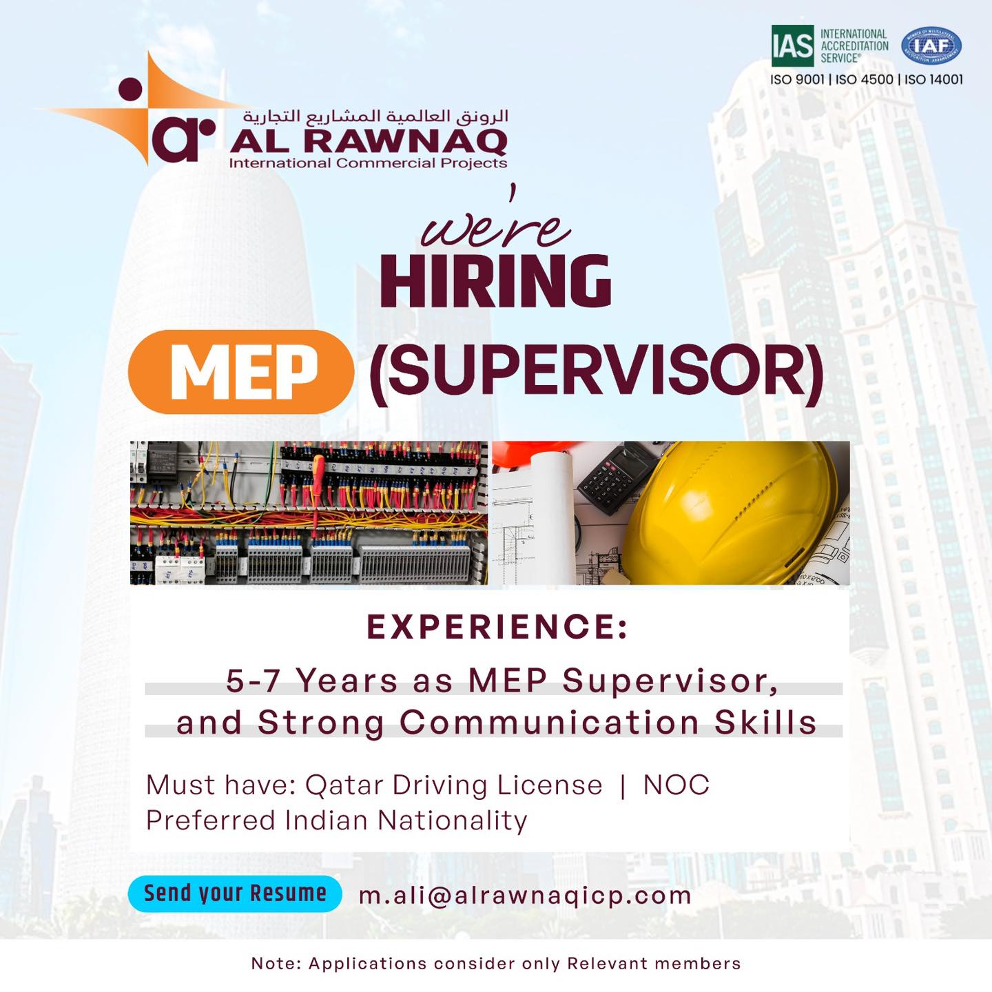 Al - We are #Hiring MEP Supervisor Driving License is must 5-7 Years of ...