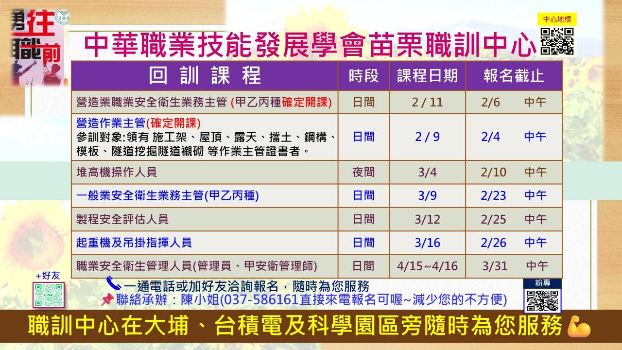 中華職業技能發展學會附設苗栗職訓中心 - 📢 回訓課程來囉～職安法修法囉，你跟上了嗎？講師將帶你一次掌握修法重點，實務又實用，快來參加一起升級 ...